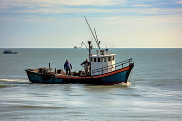 Naklejka premium A lone man stands confidently on a small boat as it sails through the vast, tranquil ocean on a sunny day