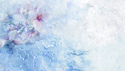 Serene water surface with floating cherry blossoms