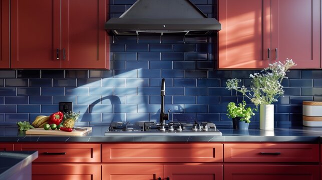 Navy blue subway tile backsplash with rust red cabinets and navy blue countertops.