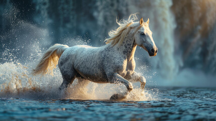 Fototapeta premium Equestrian Majesty: Dynamic horse, cascading waterfall, sunlight rays.generative ai