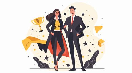 Business couple with hero coat and trophy Vector illustration