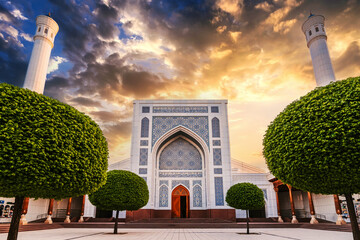 courtyard of the new white uzbek Islamic Masjid Minor Mosque in Tashkent in Uzbekistan on...