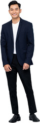 Young handsome southeast Asian man wearing semi-formal suit smiling and looking at camera PNG file no background 