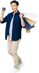 Handsome Asian tourist man carrying shopping bags and holding credit card PNG file no background 