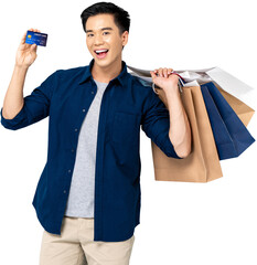 Smiling Asian tourist man carrying shopping bags and holding credit card PNG file no background 