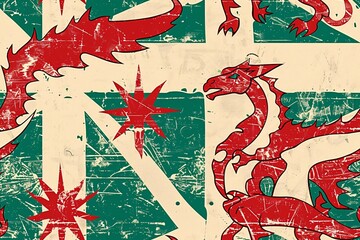The Welsh flag displayed in a continuous design as a backdrop illustration.