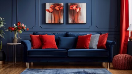 Navy blue walls with rust red accent wall and rust red throw pillows on a navy blue sofa.
