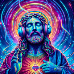 Digital art vibrant colorful psychedelic jesus with headphones vibin to music