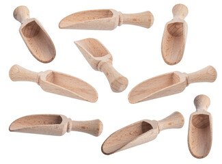 Small wooden spoons, arranged in various positions,  isolated png transparent. a empty wooden spoon
