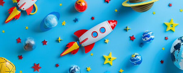 Educational Flat Lay of Space-Themed Toys and Models on Blue Background