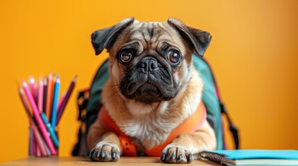 The little pug dog sits comfortably in a colorful backpack at the school desk, ready to be taught. funny animal