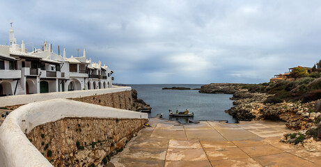 Panoramic photograph of the pier in the town of Binibeca Vell. Menorca, Spain