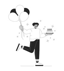 Obese hispanic man at birthday party black and white 2D line cartoon character. Plump latin american male at holiday isolated vector outline person. Festive event monochromatic flat spot illustration