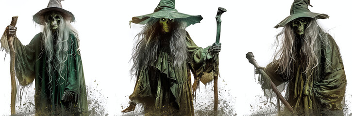Fototapeta premium Three mystical wizards in green robes holding staffs, standing against a white background with dynamic poses.