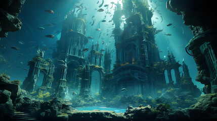 Fantasy landscape of a castle in the underwater world