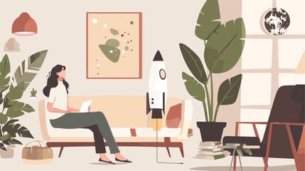 Businesswomen with rocket in living room Vector illustration