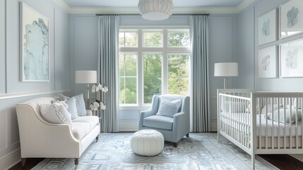 Pale blue accent wall in a soft gray nursery with soft gray furniture and pale blue accessories.