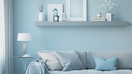 Pale blue accent wall with soft gray floating shelves displaying pale blue decor pieces.