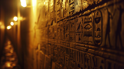 Wall of hieroglyphics inside an Egyptian tomb
