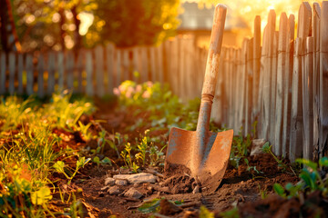 A rustic spade leaning against an old wooden fence in a vegetable garden, detailed texture, golden hour lighting