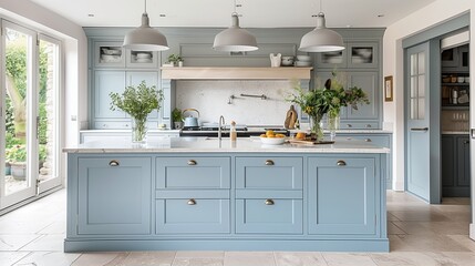 Pale blue kitchen cabinets with soft gray island and soft gray pendant lights.
