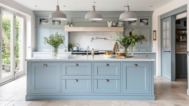 Pale blue kitchen cabinets with soft gray island and soft gray pendant lights.