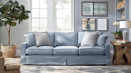 Pale blue sofa with soft gray throw pillows and soft gray area rug in a living room.