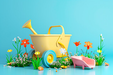 Garden accessories like watering can, Wheelbarrow and flower, 3d render style