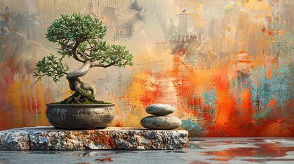 A bonsai tree in a pot with two stones on a paint