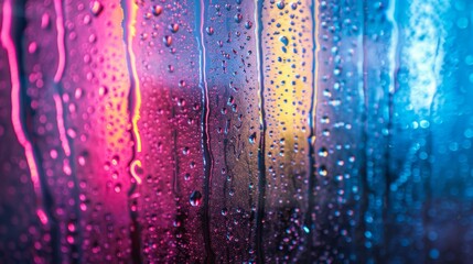 Water drops on glass. Rain-drenched window pane with vibrant neon reflections, capturing the colors of the urban night
