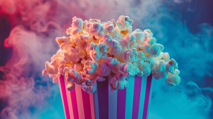 Neon popcorn in a smoky setting, cinema snack