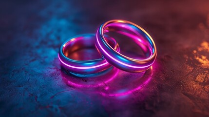 Neon wedding rings on dark background, symbolizing modern love and eternal connection