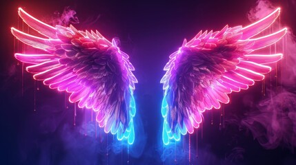 Neon angel wings suspended in a mystical space, radiating celestial energy