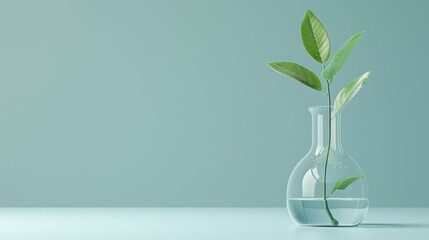 Minimalist still life of a young plant growing in a glass flask on a pastel background