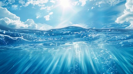 Underwater world with sunbeams illuminating the ocean, showcasing marine beauty. Pure water concept