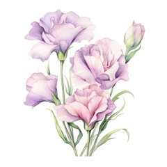 Lisianthus flower watercolor illustration. Floral blooming blossom painting on white background