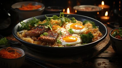 Delicious ramen noodles with egg topping on top, blur background