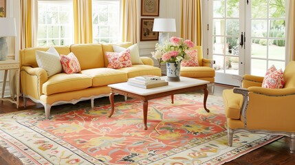 Pale yellow area rug with coral border paired with pale yellow upholstered furniture.