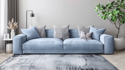 Pale blue sofa with soft gray throw pillows and soft gray area rug in a living room.