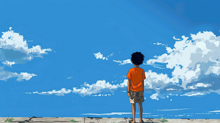 An Animation Style Image of a Dark-Skinned Young Boy Looking at a Blue Sky