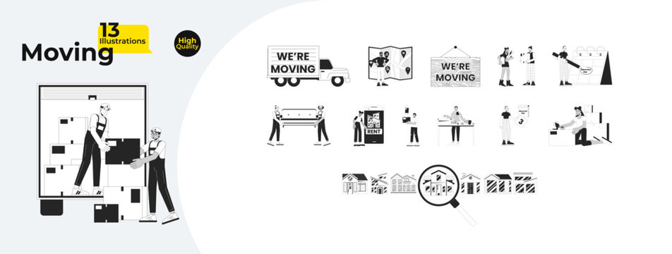 Relocation moving black and white cartoon flat illustration bundle. Packing boxes adults diverse 2D lineart characters isolated. Loading van, rental app monochrome vector outline image collection