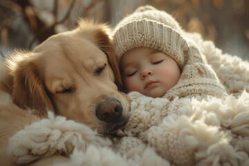 Infant and golden retriever Sleeping Peacefully Together