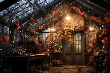 Autumn leaves in the greenhouse. 3d render. Illustration.