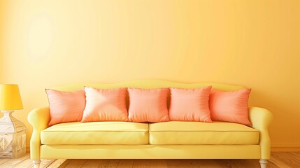 Pale yellow walls with coral accent wall and coral throw pillows on a pale yellow sofa.