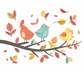 Joyful Birds Chatter on a Branch with Autumn Leaves Drifting - Generative AI