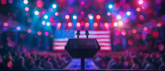 A moment frozen in time the 2024 presidential candidate at a podium, with the American flag in the background  8K , high-resolution, ultra HD,up32K HD