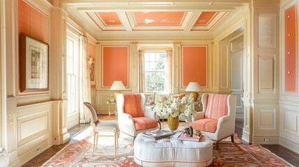 Pale yellow walls with coral wainscoting and coral ceiling with pale yellow crown molding.