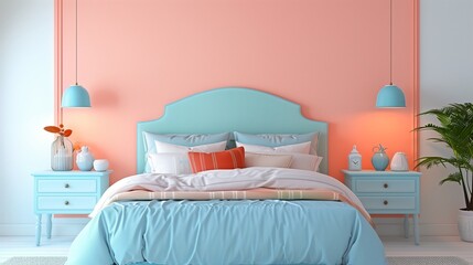 Peach accent wall behind a sky blue bed with sky blue nightstands.