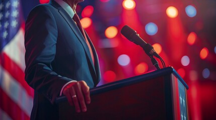 A symbolic shot of the 2024 presidential candidate at a podium, with the American flag serving as a backdrop  8K , high-resolution, ultra HD,up32K HD