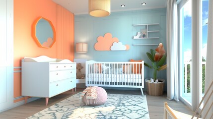 Peach accent wall in a sky blue nursery with sky blue furniture and peach accents.